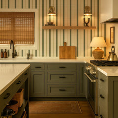 Sage green grasscloth wallpaper with cream vertical stripe pattern