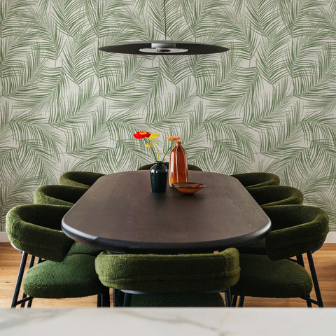 Olive Green Tropical Palm Leaves Grasscloth Wallpaper