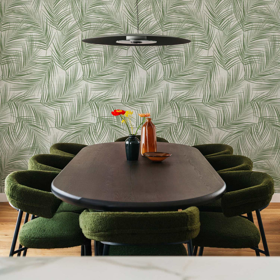 Olive Green Tropical Palm Leaves Grasscloth Wallpaper