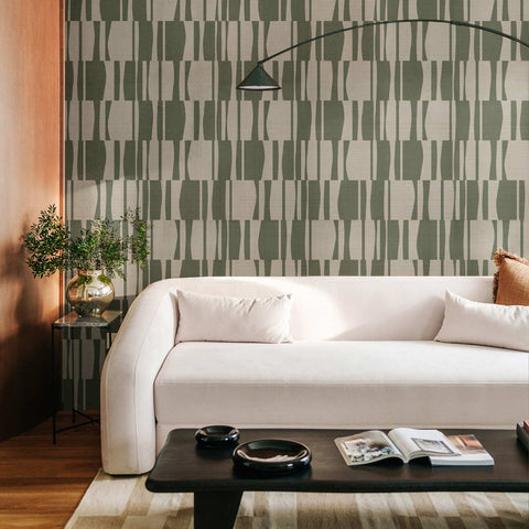 Olive Green Abstract Geometric Tiles Print Grasscloth Wallpaper