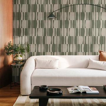 Olive Green Abstract Geometric Tiles Print Grasscloth Wallpaper