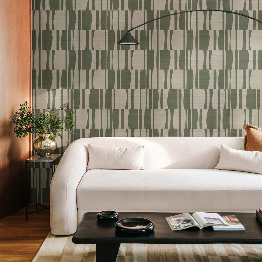 Olive Green Abstract Geometric Tiles Print Grasscloth Wallpaper