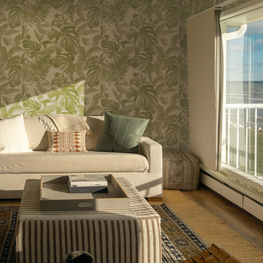 Retro Green Tropical Grasscloth Wallpaper