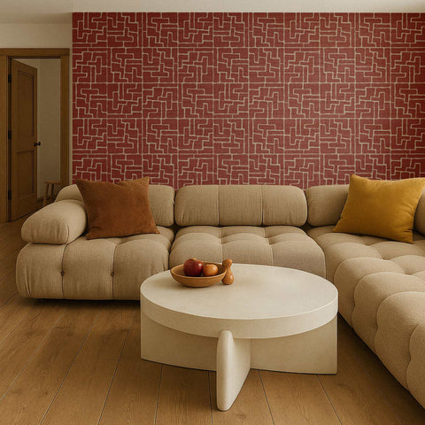 Carta da parati in erba intrecciata con design astratto a mattoni color terracotta
