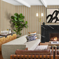 Tiny neutral striped grasscloth wallpaper in tan, cream, and brown tones