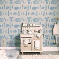 Vintage Farmhouse Vegetable Wallpaper in Blue