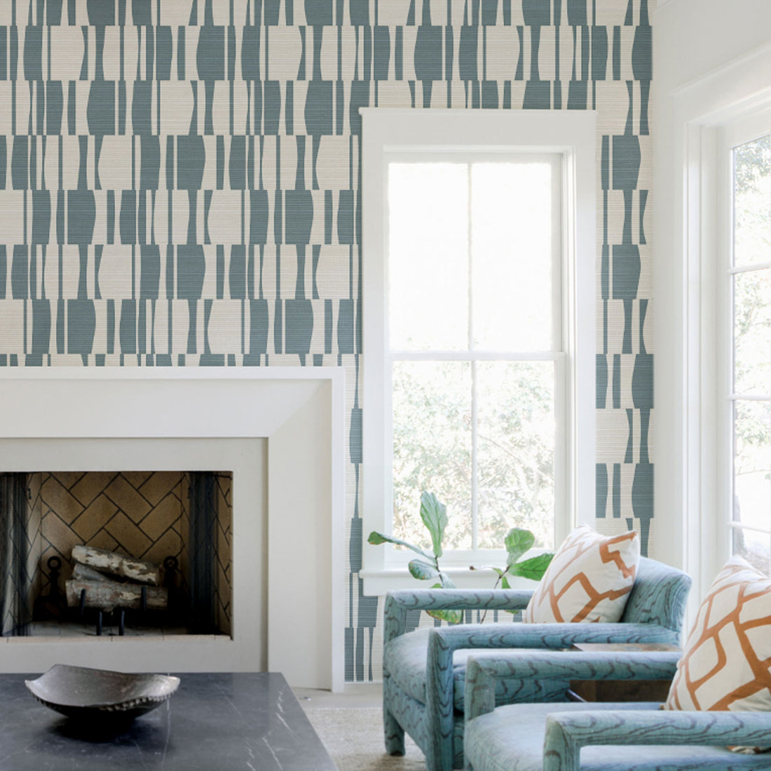Windy Blue Abstract Geometric Tiles Print Grasscloth Wallpaper