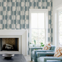 Windy Blue Abstract Geometric Tiles Print Grasscloth Wallpaper