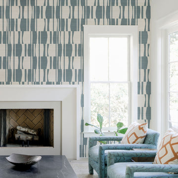 Windy Blue Abstract Geometric Tiles Print Grasscloth Wallpaper