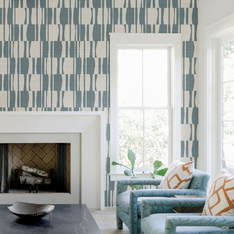 Windy Blue Abstract Geometric Tiles Print Grasscloth Wallpaper