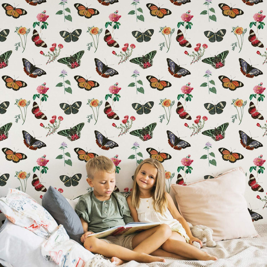 Colorful vintage butterfly meadow design wallpaper in kids bedroom