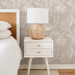 Taupe wallpaper with light watercolor coral branch botanical pattern