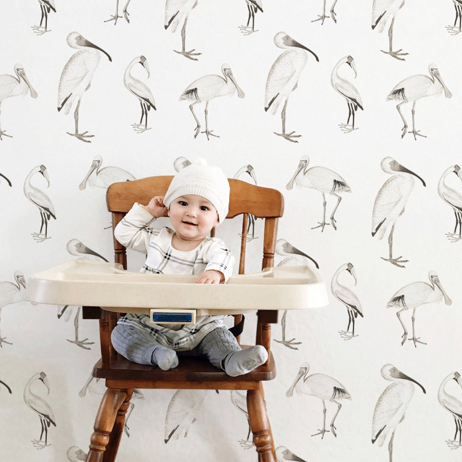 Minima vintage birds removable wallpaper in modern boys nursery interior