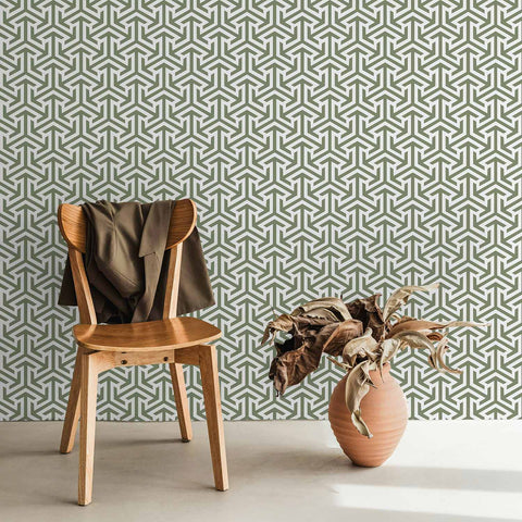 Retro design geometric wallpaper in Olive colour