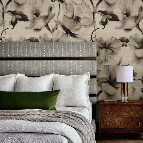 Espresso Brown Oversized Floral Grasscloth Wallpaper