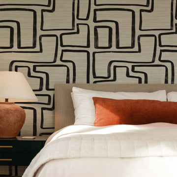Geometric Line Art In Black Grasscloth Wallpaper