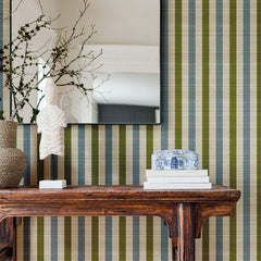Green and blue grasscloth wallpaper with vertical stripe pattern