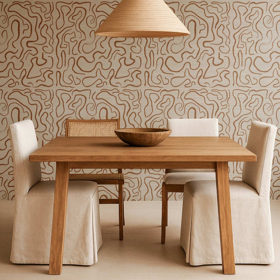 Neutral Abstract Funky Lines Grasscloth Wallpaper