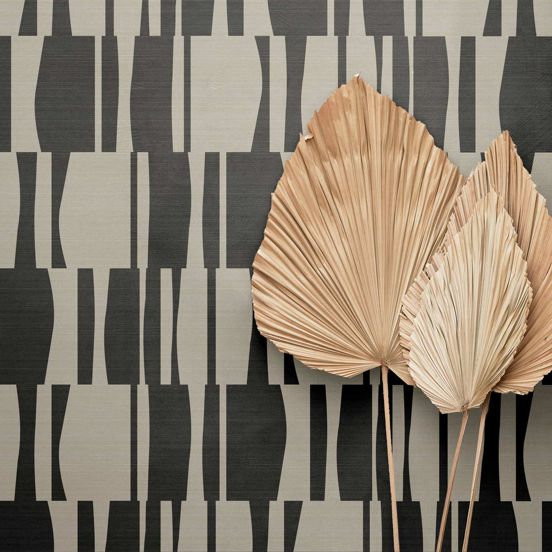 Black Abstract Geometric Tiles Print Grasscloth Wallpaper
