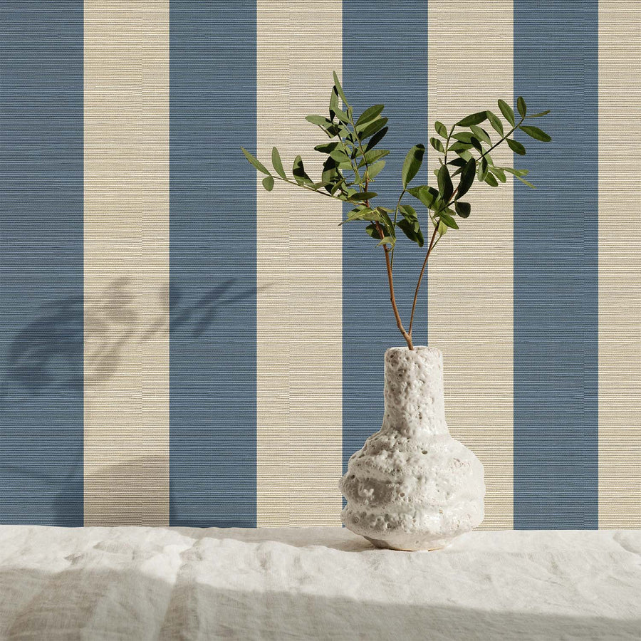 Blue Classic Stripes Grasscloth Wallpaper
