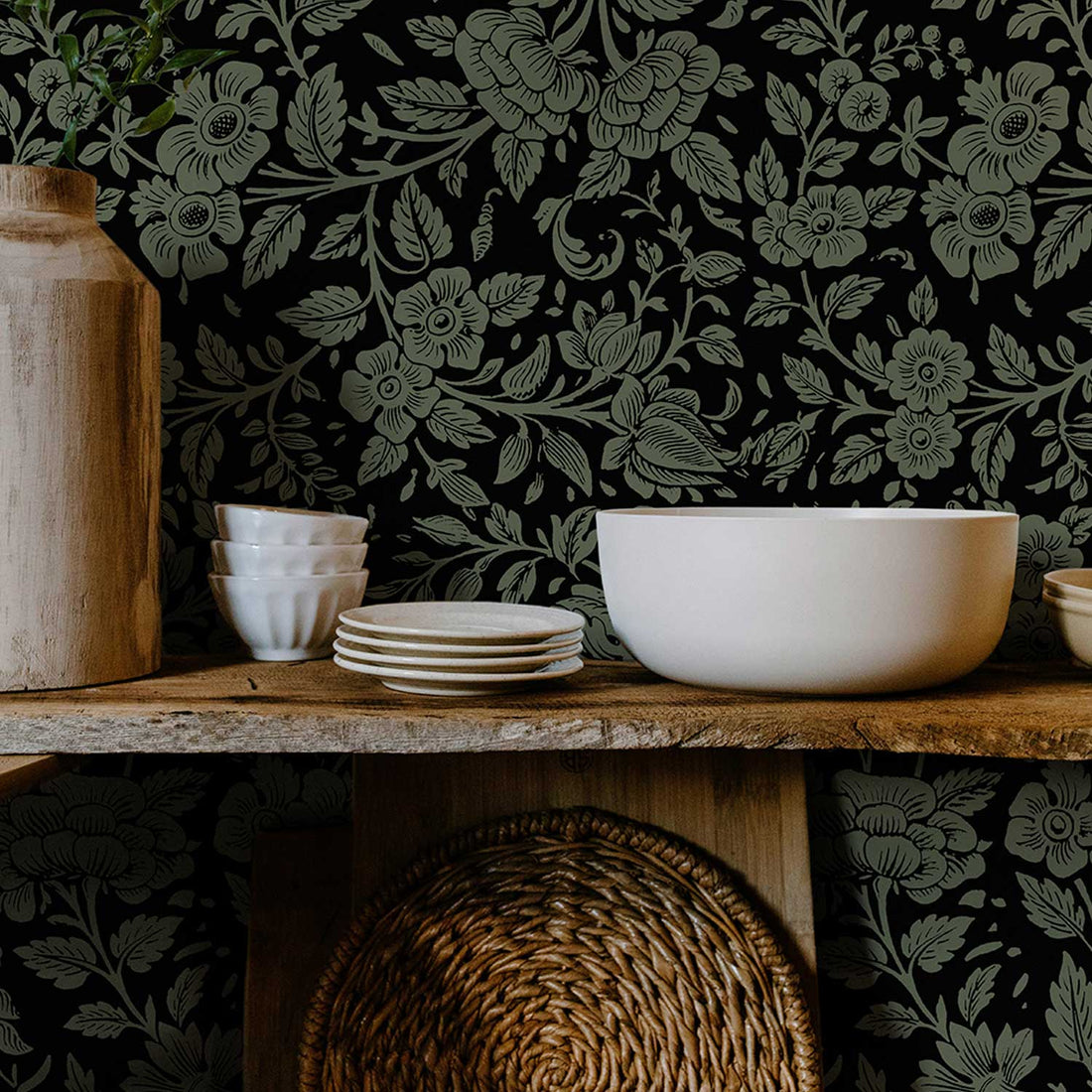 Dark Granny Chic Floral Print Wallpaper