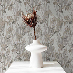 Neutral gray wallpaper with elegant iris flower line art