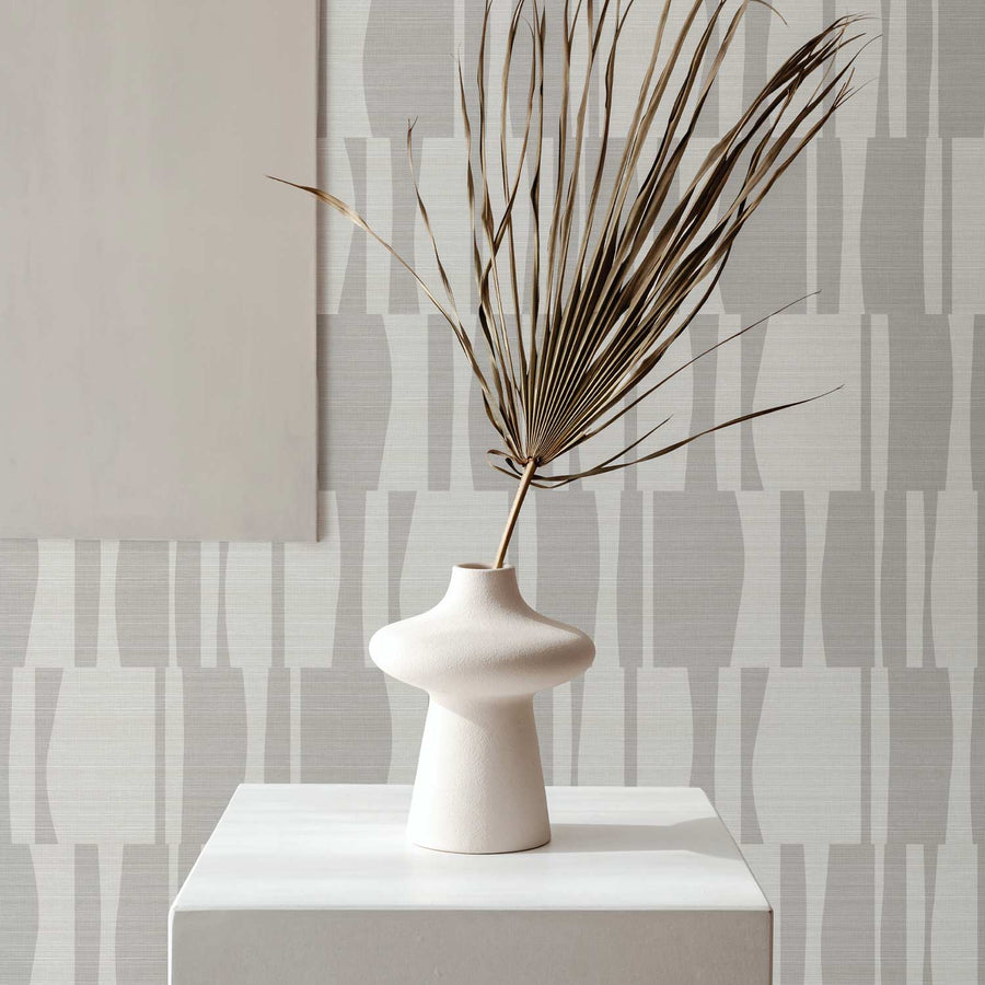 Grey Abstract Geometric Tiles Print Grasscloth Wallpaper