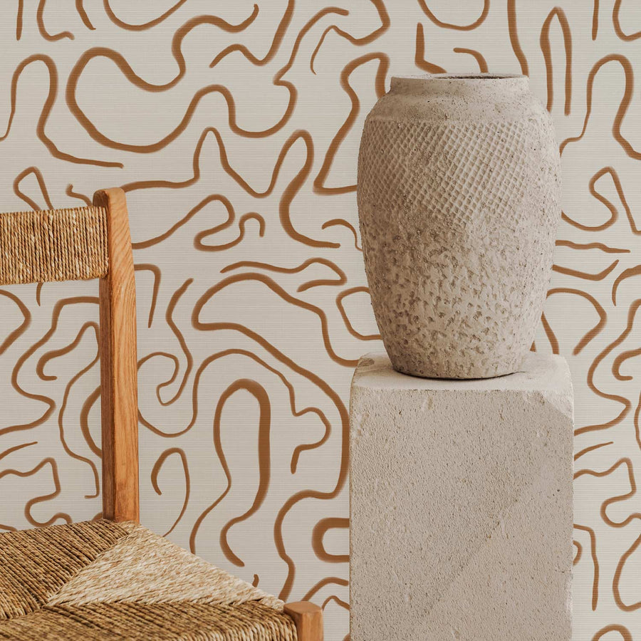 Neutral Abstract Funky Lines Grasscloth Wallpaper