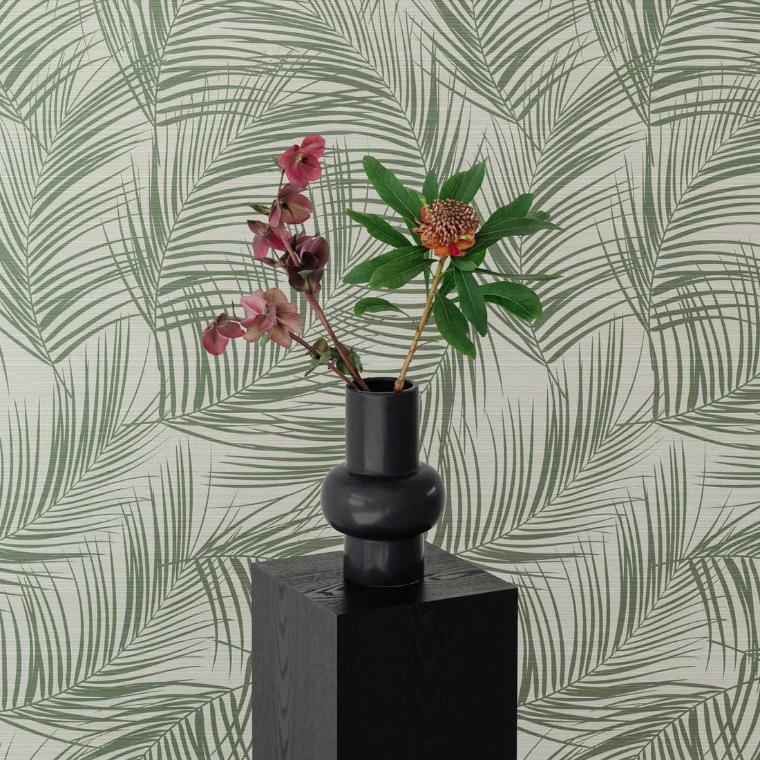 Olive Green Tropical Palm Leaves Grasscloth Wallpaper