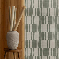 Olive Green Abstract Geometric Tiles Print Grasscloth Wallpaper