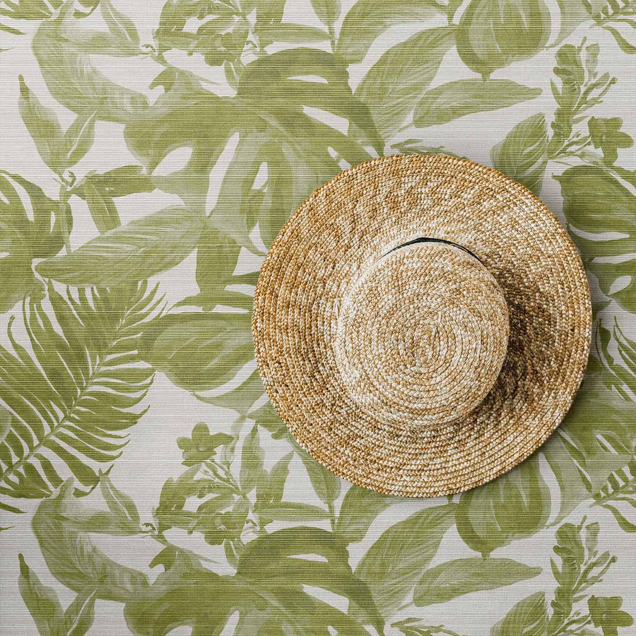 Retro Green Tropical Grasscloth Wallpaper