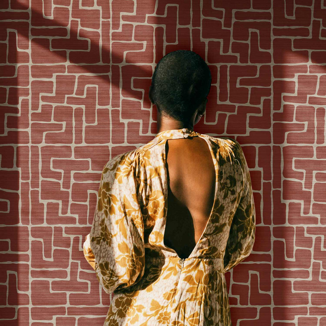 Terracotta Abstract Brick Design Grasscloth Wallpaper