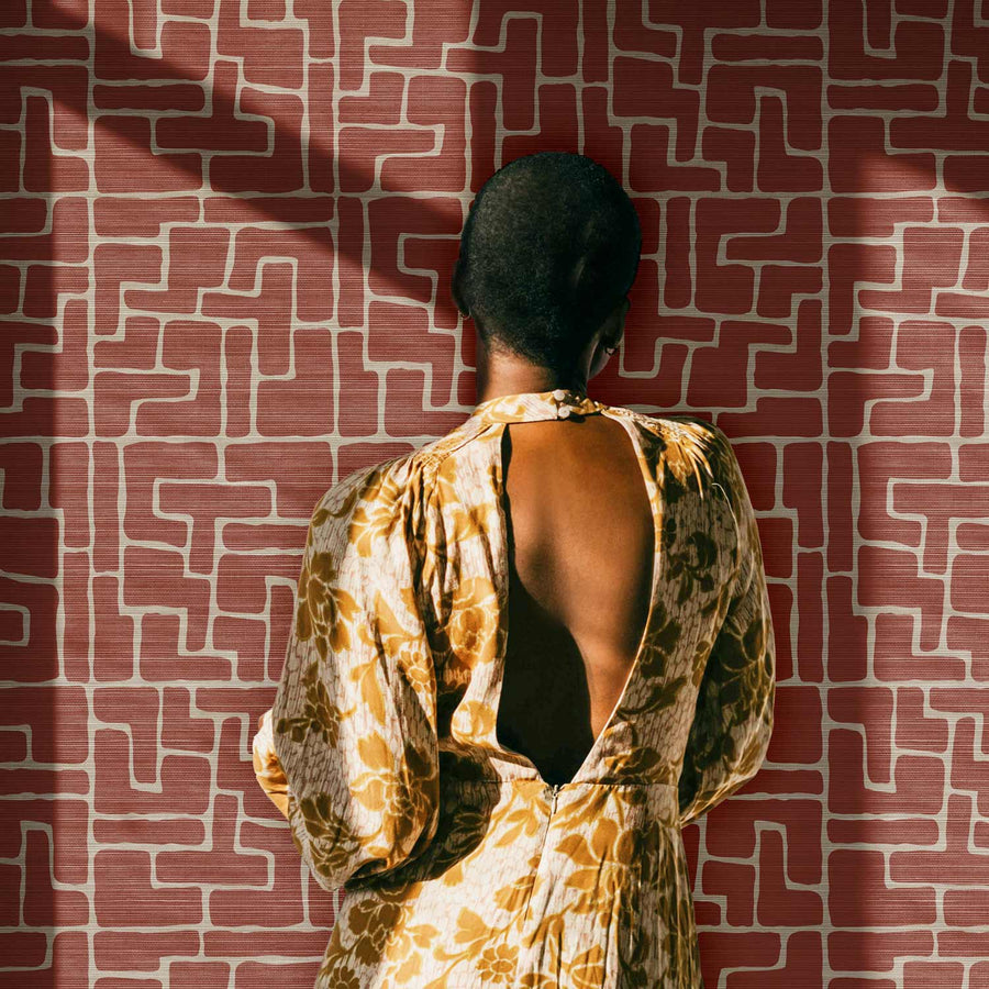 Terracotta Abstract Brick Design Grasscloth Wallpaper