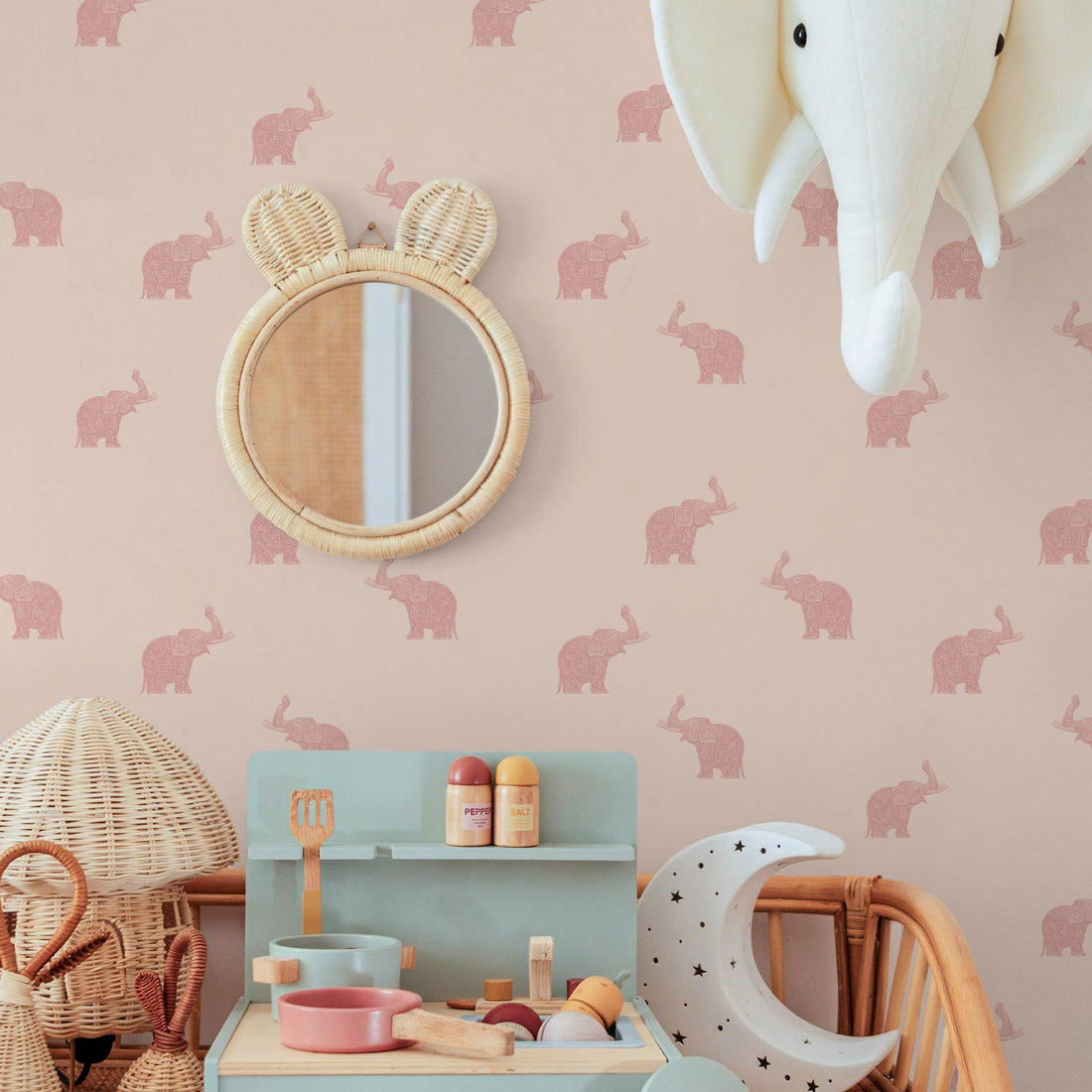 Tiny Pink Vintage Elephants Wallpaper