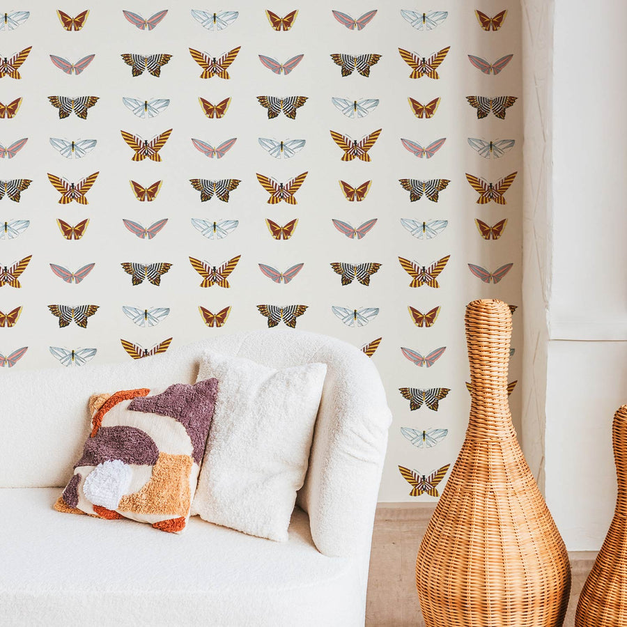 Minimal african design colorful butterfly wallpaper in teen room interior