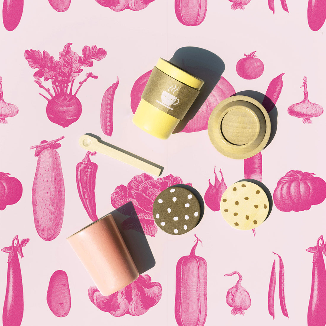 Vintage Farmhouse Vegetable Wallpaper in Bright Pink