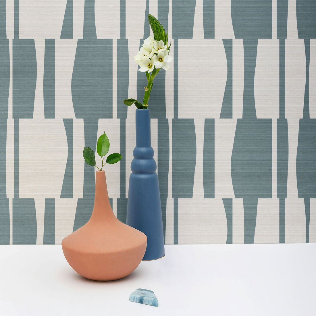 Windy Blue Abstract Geometric Tiles Print Grasscloth Wallpaper