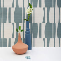 Windy Blue Abstract Geometric Tiles Print Grasscloth Wallpaper