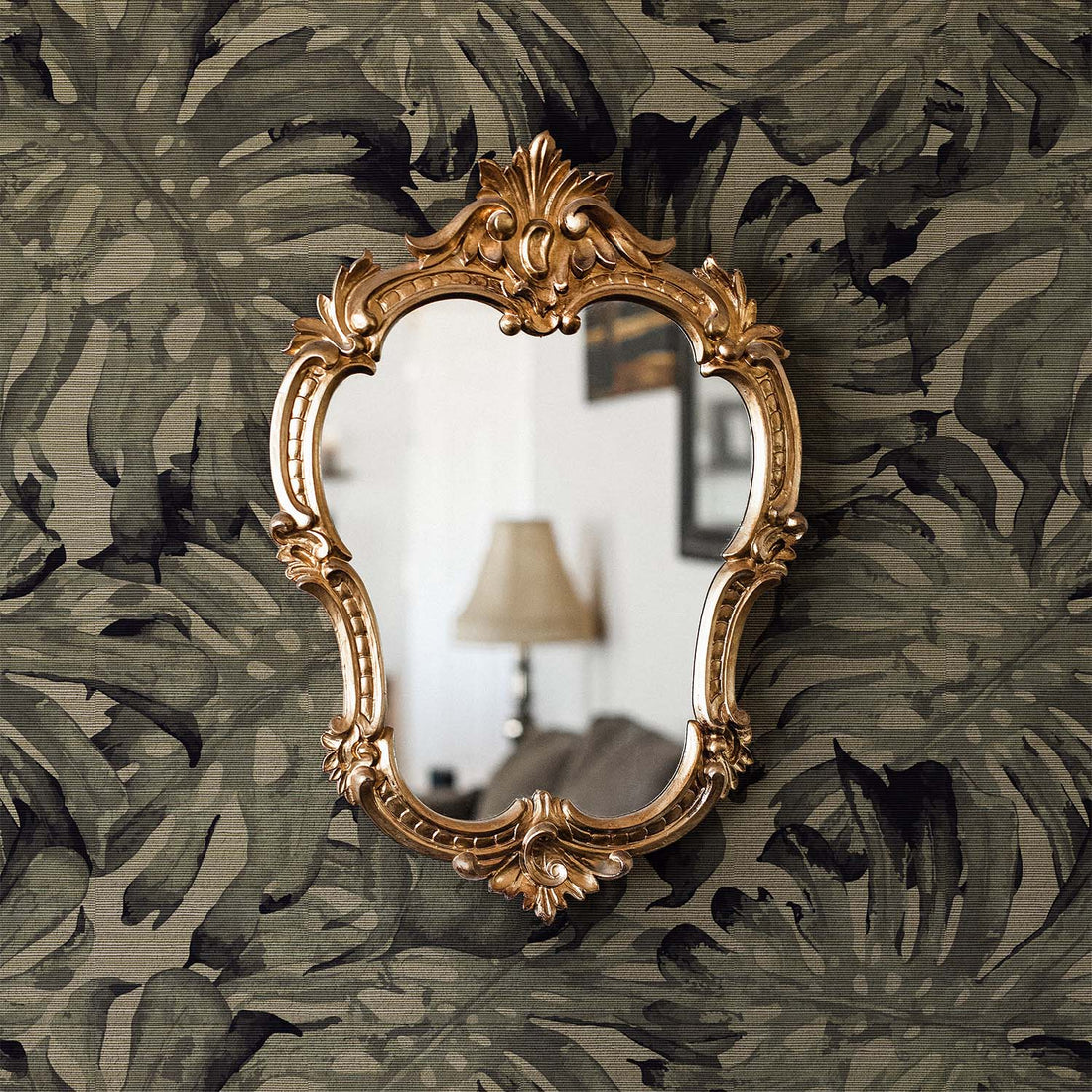 Dark Monstera Leaves Grasscloth Wallpaper