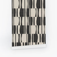 Black Abstract Geometric Tiles Print Grasscloth Wallpaper