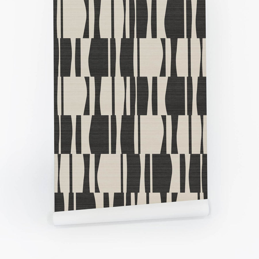 Black Abstract Geometric Tiles Print Grasscloth Wallpaper