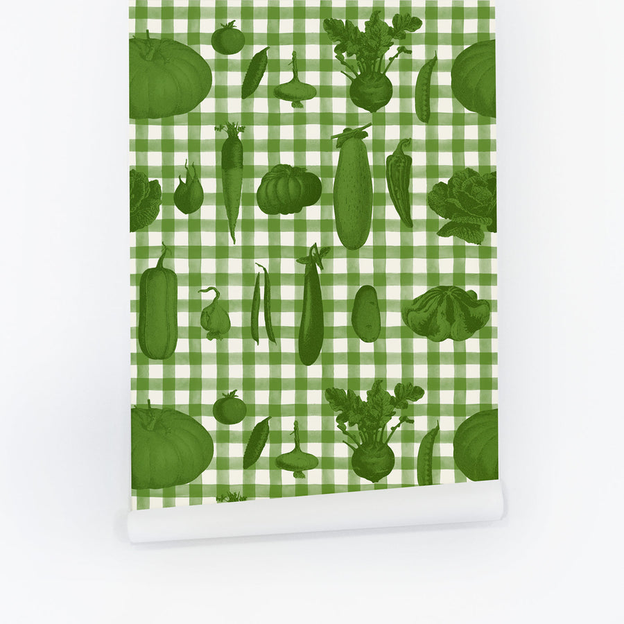 Cabbage Green Vintage Farmhouse Plaid Wallpaper