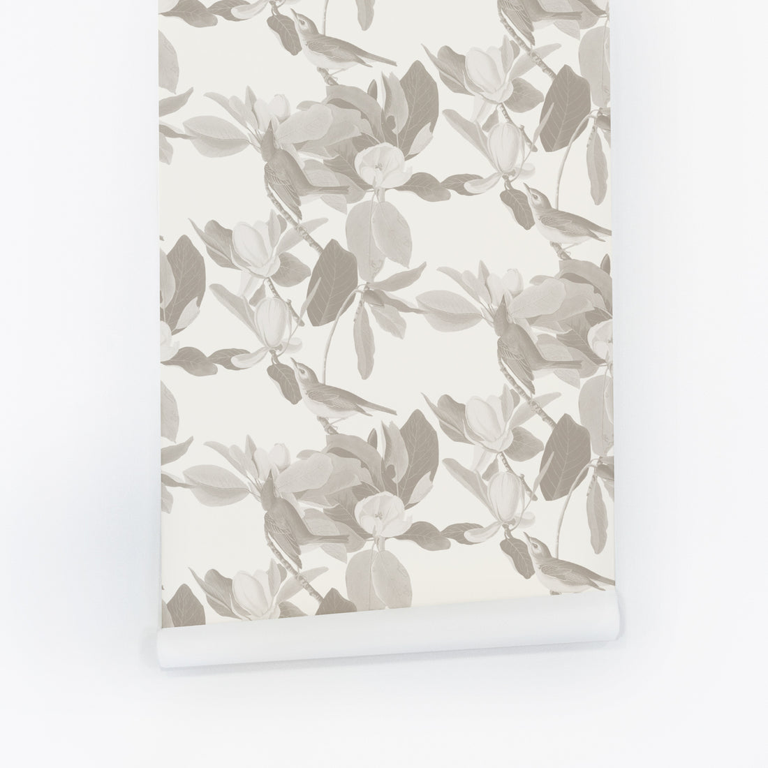 Vintage birds and botanical garden wallpaper in neutral taupe color