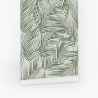 Olive Green Tropical Palm Leaves Grasscloth Wallpaper