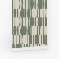 Olive Green Abstract Geometric Tiles Print Grasscloth Wallpaper