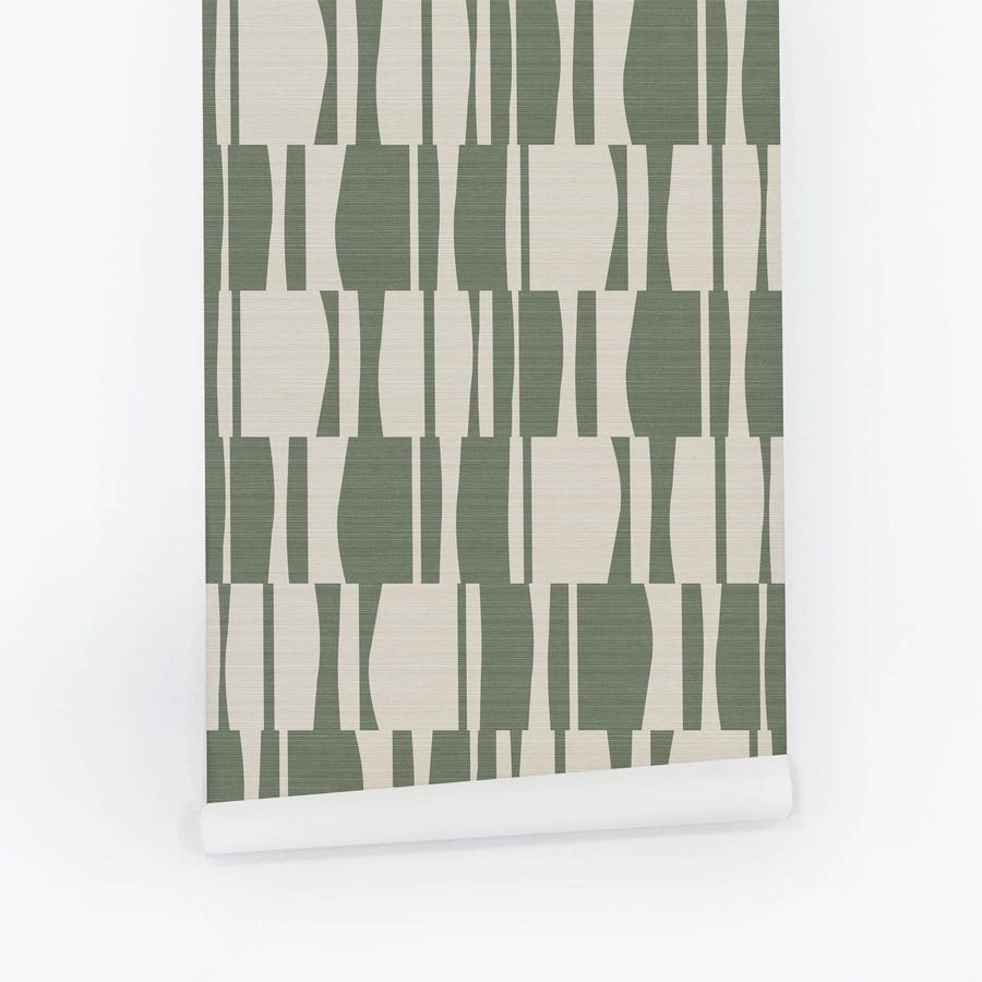 Olive Green Abstract Geometric Tiles Print Grasscloth Wallpaper