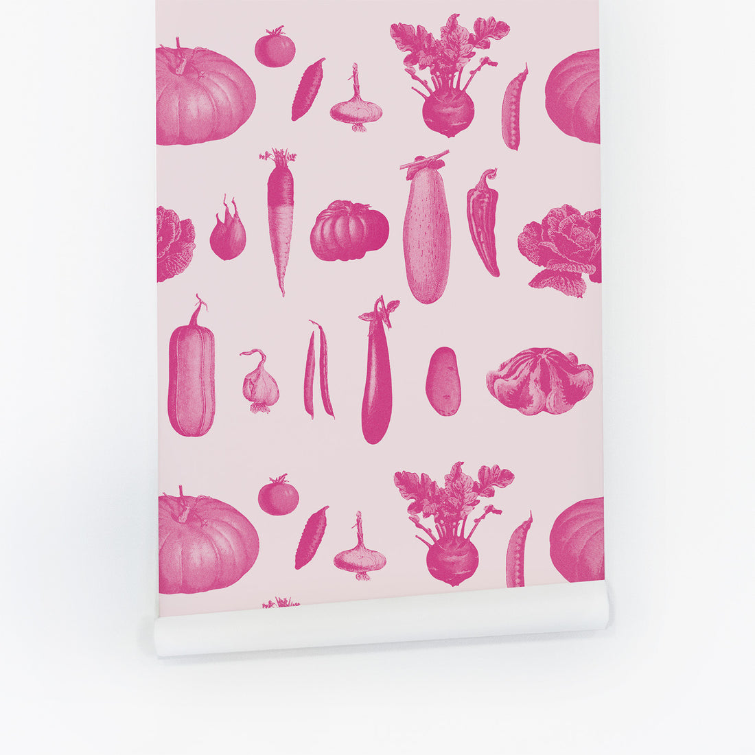 Vintage Farmhouse Vegetable Wallpaper in Bright Pink