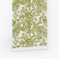 Retro Green Tropical Grasscloth Wallpaper