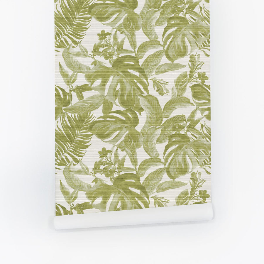 Retro Green Tropical Grasscloth Wallpaper
