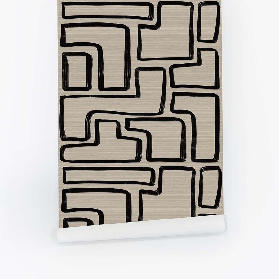 Geometric Line Art In Black Grasscloth Wallpaper